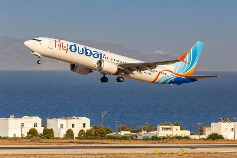 A FlyDubai Boeing 737 MAX 9 aircraft with registration A6-FNB at Santorini airport