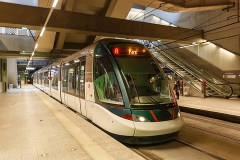 Modern tramway Alstom Citadis public transport underground stop Gare Centrale in Strasbourg