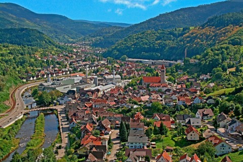 View of Obertsrot and the Sacred Heart Church from the Eberstein Castle Winery