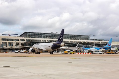 Aircraft in front of Terminal 3 of the airport in Stuttgart