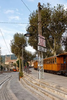 Historic train railway public transport in Majorca at the station in Soller