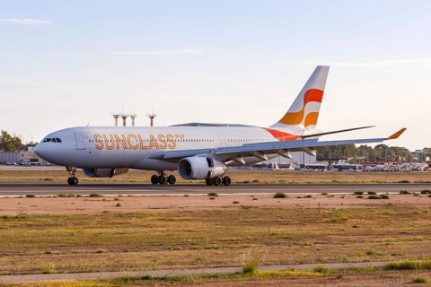 A Sunclass Airlines Airbus A330-200 with registration number OY-VKF at the airport in Palma de Majorca