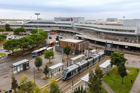 Modern Alstom Citadis light rail tram Public transport at Blagnac Airport in Toulouse