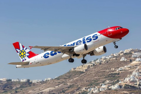 An Edelweiss Airbus A320 aircraft with registration HB-JJL at the airport in Santorini