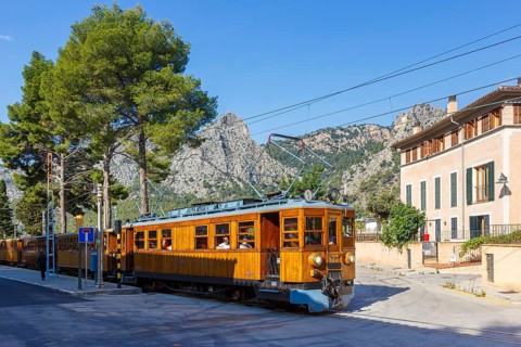 Historic train Tren de Soller railway public transport transport in Majorca in Bunyola