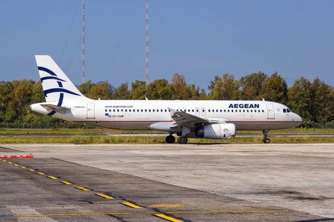 An Airbus A320 aircraft of Aegean Airlines with registration SX-DVM at the airport in Corfu