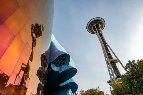 Corrugated coloured exterior facade of the Museum of Pop Culture