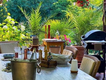 Tropical garden with set table with barbecue station Salt and pepper mill with oil and spices