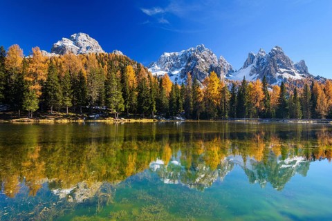 Antorno Lake with Gruppo dei Cadini reflected in lake