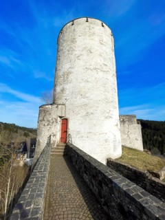 Access walkway to castle tower Tower of Reifferscheid Castle in Eifel