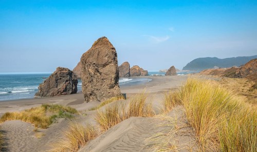 View over sandy beach with thins and large rocks