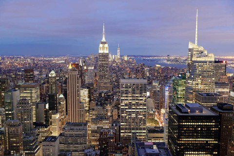 View of Midtown and Downtown Manhattan and Empire State Building from Top of the Rock Observation Center at sunset