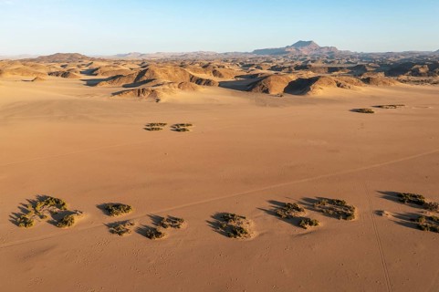 Sandy desert plains and bare mountain ranges