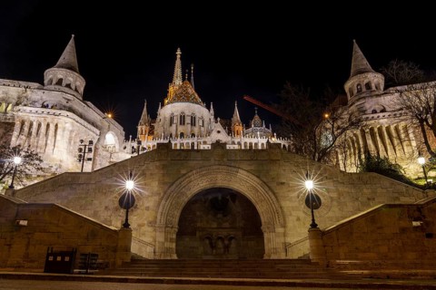 Fisherman's Bastion on Buda Castle Hill by night
