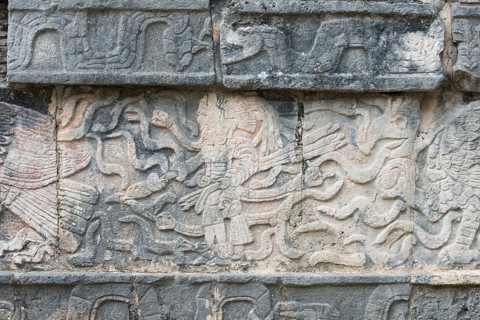 Sandstone relief in the excavation site of the Maya city of Chichen Itza