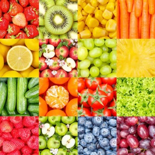 Fruits Fruit and Vegetable Collage Collection Background with Berries Apples and Carrots Square