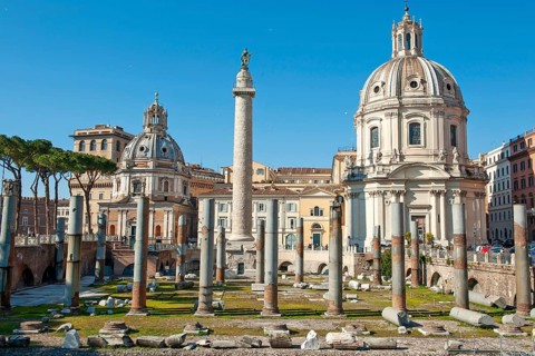 View of ancient columns of Trajan's Forum with Trajan's Column