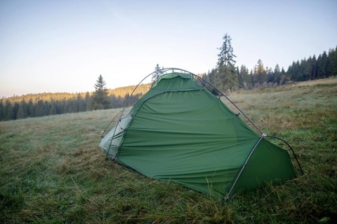 Green tent on a forest meadow in the morning light