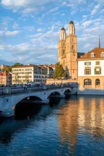 Muensterbruecke and Grossmuenster with Helmhaus and Wasserkirche in the evening light