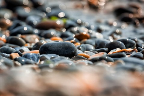 Shiny pebbles on the beach illuminated by the sun