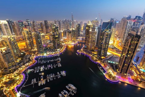 Dubai Marina Harbour Skyline Architecture Holiday Overview by Night in Dubai