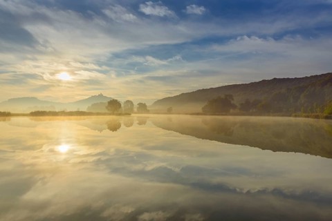 Landscape with Wachsenburg Castle at Sunrise Reflecting in Lake