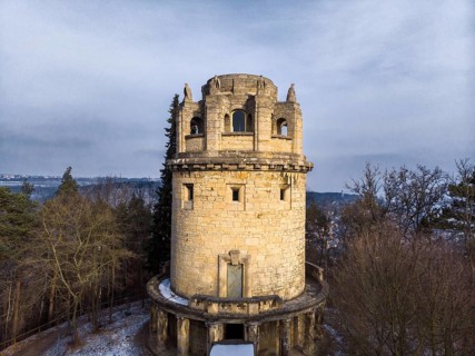 Aerial view of the Bismarck Tower on the Jena Forest