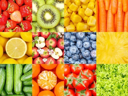 Fruits Fruit and Vegetable Collage Collection Background with Berries Apples and Carrots