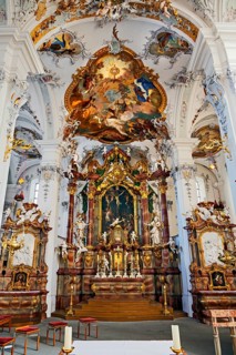 Main altar with ceiling frescoes Church of St. George and St. James