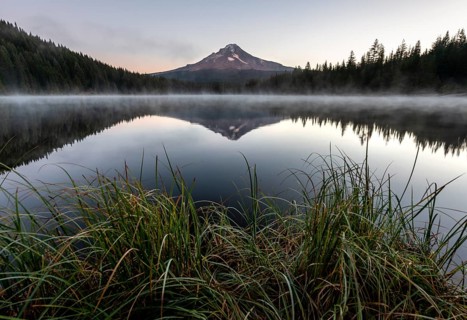 Reflection of Mt Hood volcano in Trillium Lake