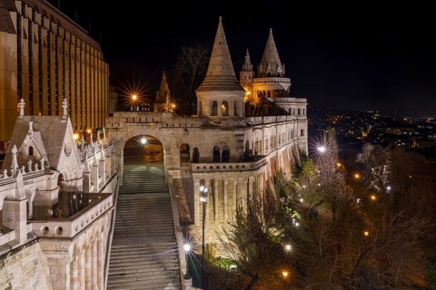 Fisherman's Bastion on Buda Castle Hill by night
