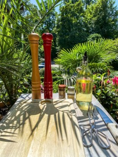 Salt and pepper mill with oil and spices in a backlit tropical garden