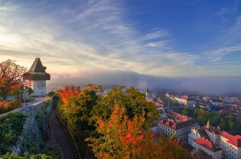 Cityscape of Graz and the famous clock tower