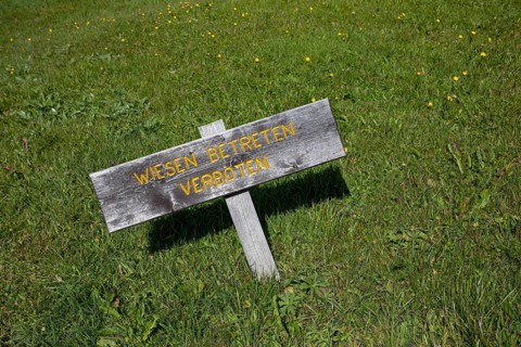 Alpine pasture Wooden sign Meadow no trespassing
