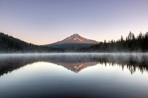 Reflection of Mt Hood volcano in Trillium Lake