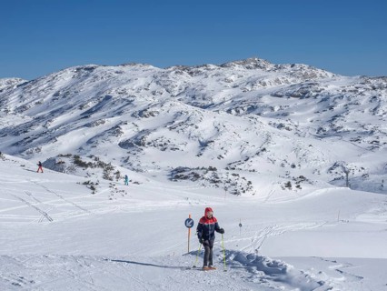 Snowshoe hiker in winter landscape
