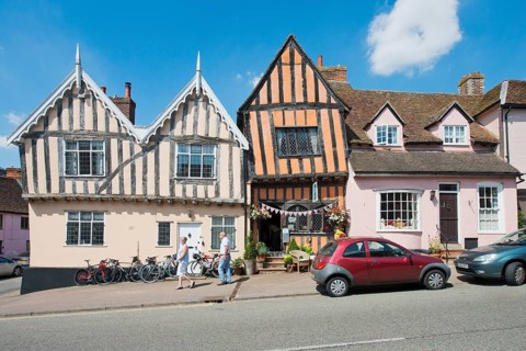 Houses in Lavenham in typical half-timbered architecture