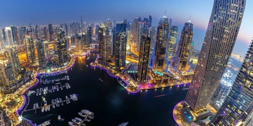 Dubai Marina Harbour Skyline Architecture Holiday Overview by Night Panorama in Dubai