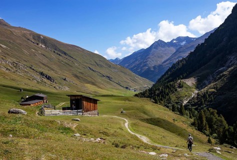 Hikers walking on the alpine pastures in the Rofental