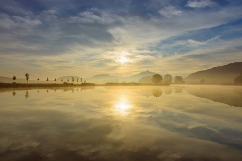 Landscape with Wachsenburg Castle at Sunrise Reflecting in Lake