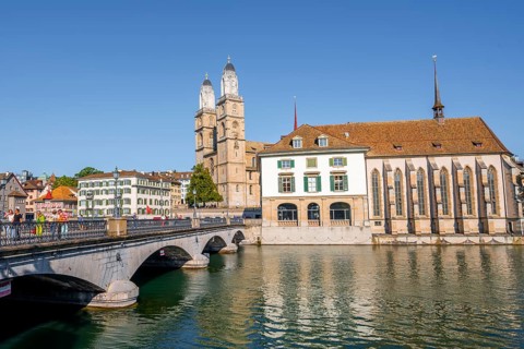 Muensterbruecke and Grossmuenster with Helmhaus and Wasserkirche
