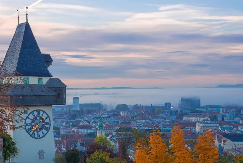 Cityscape of Graz and the famous clock tower