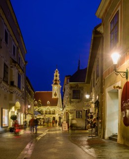 View to the main square with town hall with Christmas lights