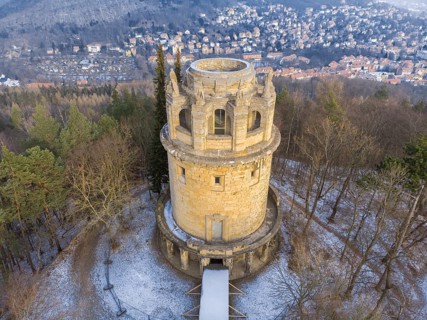 Aerial view of the Bismarck Tower on the Jena Forest