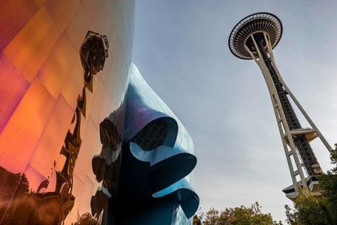 Corrugated coloured exterior facade of the Museum of Pop Culture