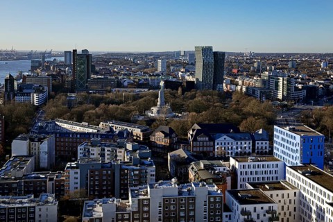 View of the Dancing Towers from the tower of St. Michael's Church towards St. Pauli