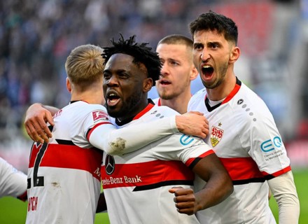 Goal celebration Orel Mangala VfB Stuttgart with Atakan Karazor VfB Stuttgart Chris Fuehrich VfB Stuttgart