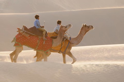 Camel riders at the longest sand dunes in India