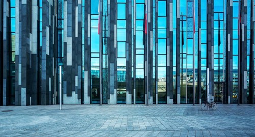 The glass facade of the University Alma Mater Lipsiensis