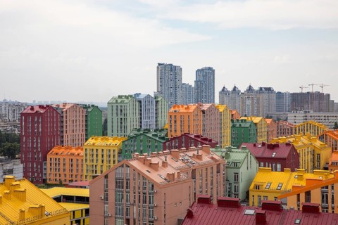 View over the colourful houses in Comfort Town in Kiev
